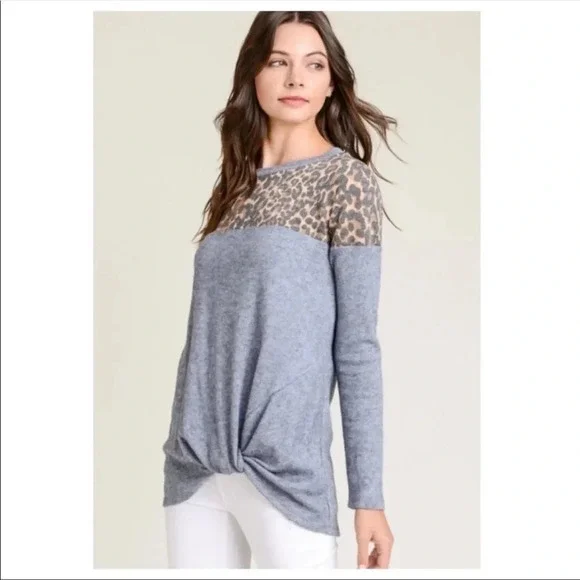 Leopard Contrast Blue Long Sleeve Top | Soft Twist Hem Knit - Picture 3 of 5